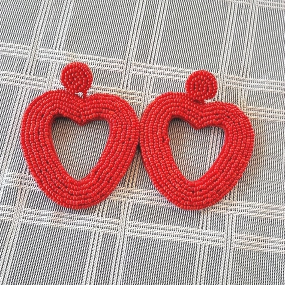 Red Bead and Felt Heart Post Earrings